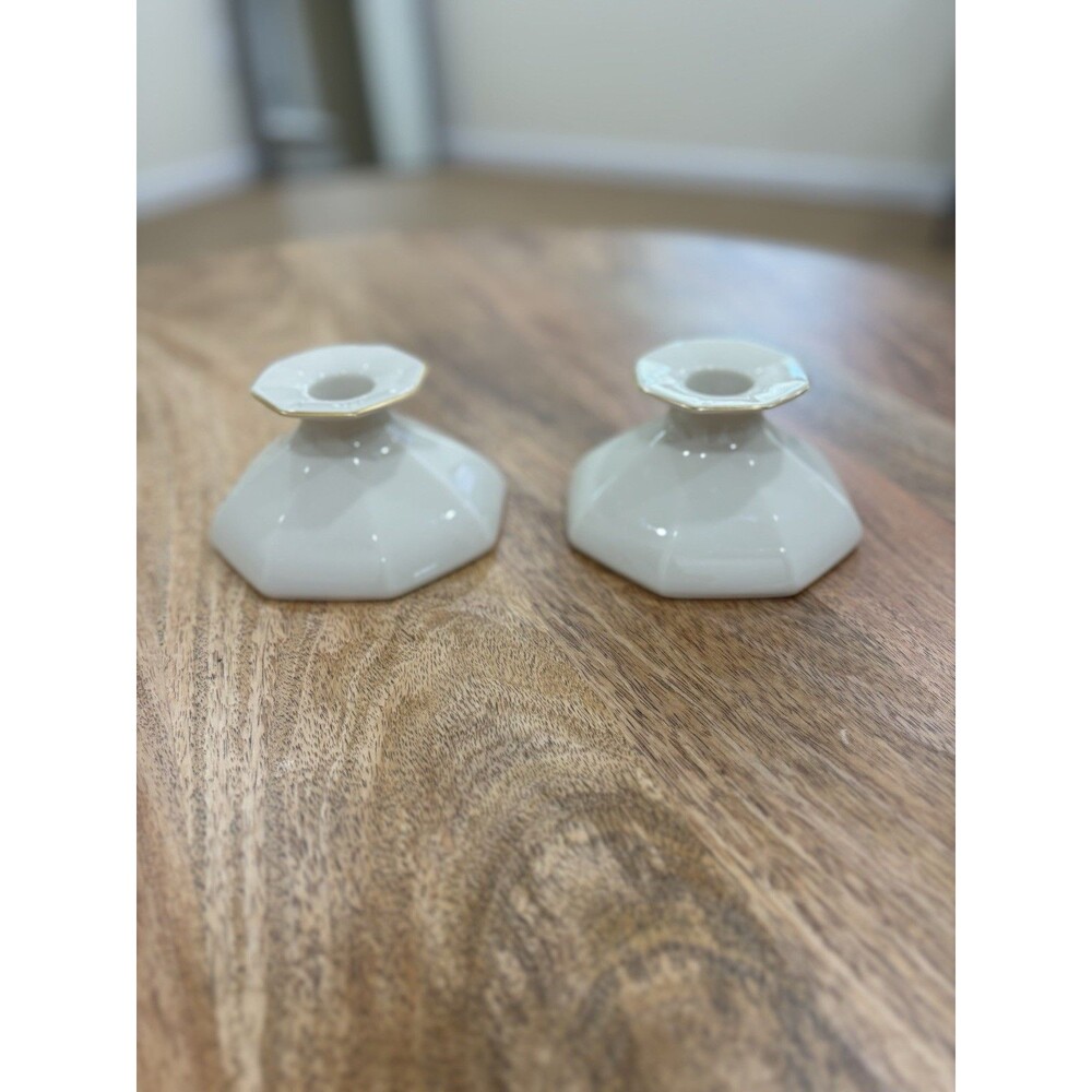 Set Of 2 Lenox Special Beige and Gold Porcelain Candlestick Holders